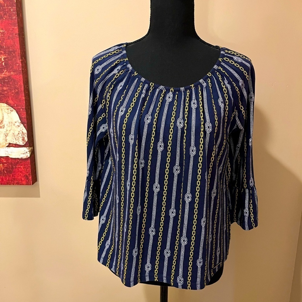 Michael Kors Navy, White & Gold Chain & Rope Design Blouse, size Small